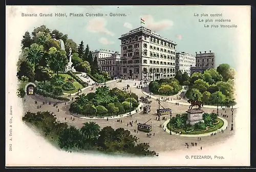AK Genova, Bavaria Grand Hotel, Piazza Corvetto, Strassenbahnen