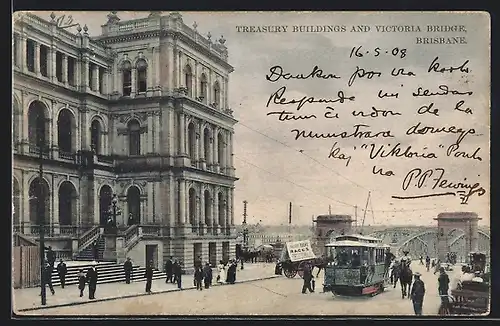 AK Brisbane, Treasury Buildings and Victoria Bridge, Strassenbahn