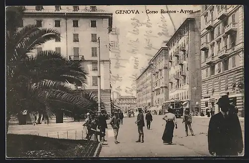 AK Genova, Corso Buenos-Ayres, Strassenpartie mit Strassenbahn