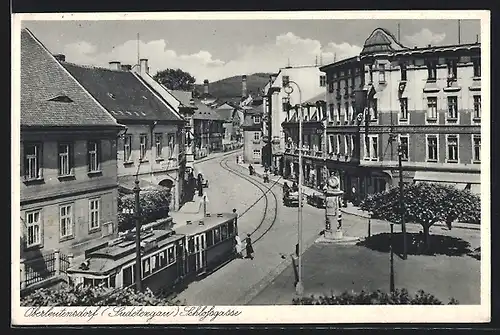 AK Oberleutensdorf, Strassenbahn in der Schlossgasse