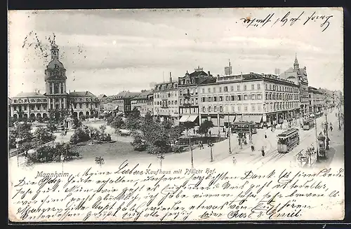 AK Mannheim, Kaufhaus mit Pfälzer Hof und Strassenbahn