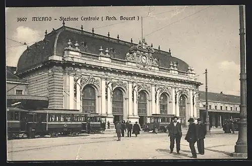 AK Milano, Stazione Centrale, Strassenbahn am Bahnhof