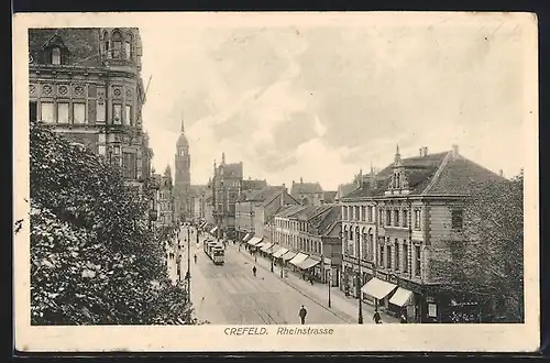 AK Crefeld, Rheinstrasse mit Strassenbahn