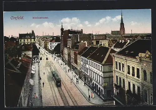 AK Crefeld, Rheinstrasse aus der Vogelschau mit Strassenbahn