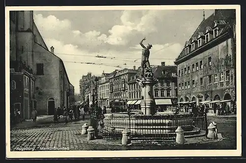 AK Augsburg, Merkurbrunnen und Strassenbahn