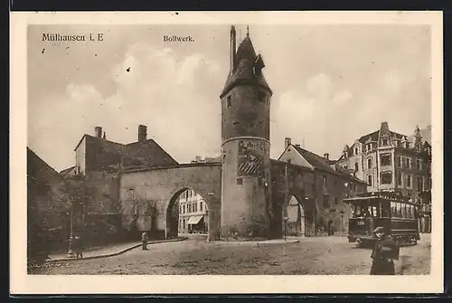 AK Mülhausen, Blick nach dem Bollwerk mit Strassenbahn