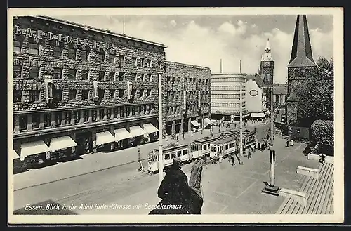 AK Essen, Blick in die Strasse mit Baedekerhaus und Strassenbahn