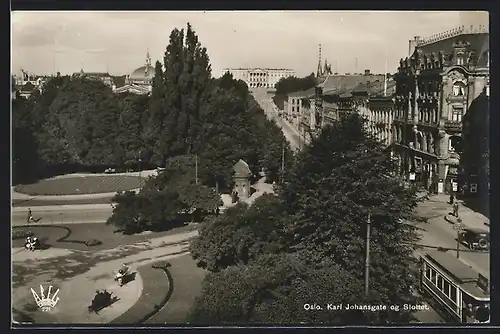 AK Oslo, Karl Johansgate og Slottet, Strassenbahn