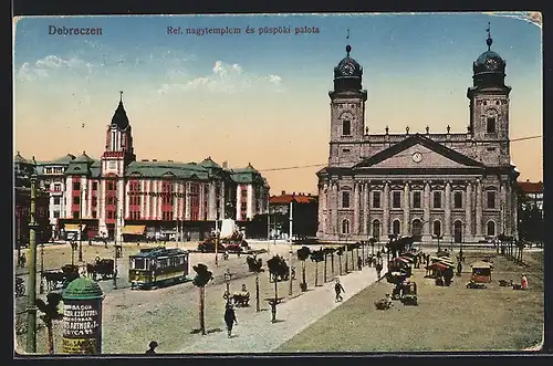 AK Debreczen, Ref. nagytemplom es püspöki palota, Strassenbahn