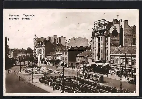 AK Belgrad, Strassenbahn mit Geschäften und Brunnen, Terazia