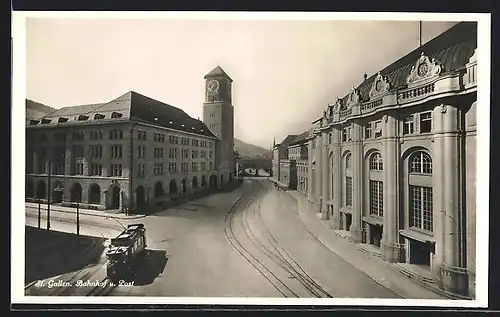 AK St. Gallen, Blick auf Bahnhof und Post, Strassenbahn