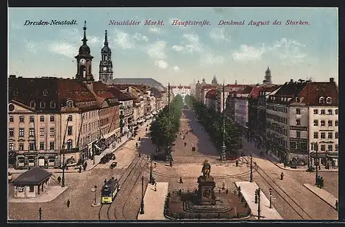 AK Dresden-Neustadt, Markt, Hauptstrasse und Denkmal August des Starken