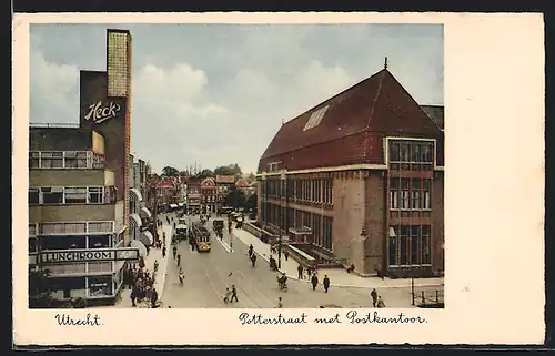 AK Utrecht, Potterstraat met Postkantoor, Strassenbahn