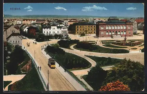 AK Weimar, Ortsansicht mit Strassenbahn