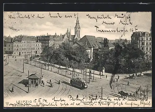 AK Leipzig, Promenade am alten Theater mit Strassenbahn