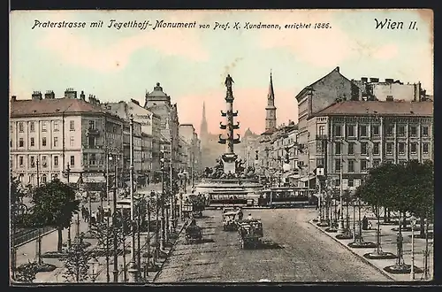 AK Wien, Praterstrasse mit Tegetthoff-Monument und Strassenbahn