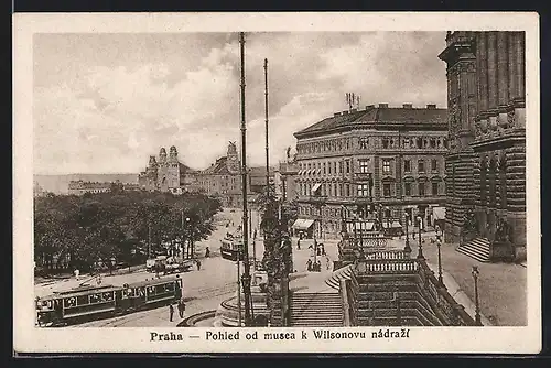 AK Praha, Pohled od musea k Wilsonouv nadrazi, Strassenbahn