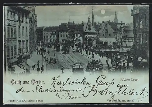 Mondschein-AK Berlin, Mühlendamm mit Strassenbahn