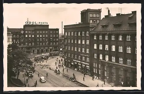 AK Mor. Ostrava, Bahnhofstrasse mit Strassenbahn