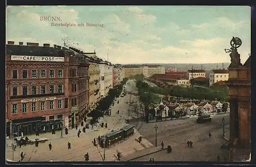 AK Brünn, Bahnring aus der Vogelschau mit Strassenbahn