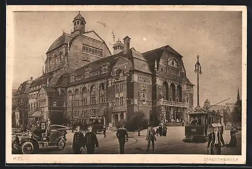 AK Kiel, Stadttheater mit Strassenbahnen