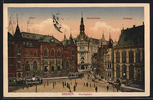 AK Bremen, Marktplatz mit Strassenbahnen aus der Vogelschau, Baumwollbörse