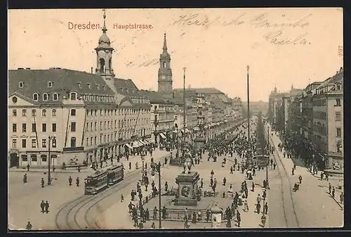 AK Dresden, Hauptstrasse mit Strassenbahnen