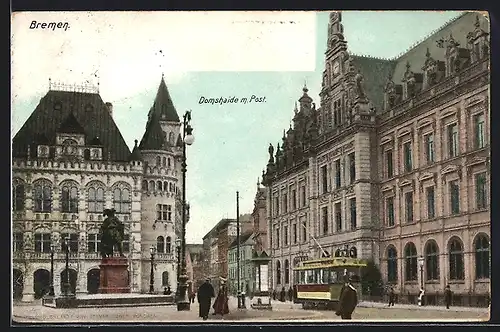 AK Bremen, Domshaide mit Post und Denkmal, Strassenbahn