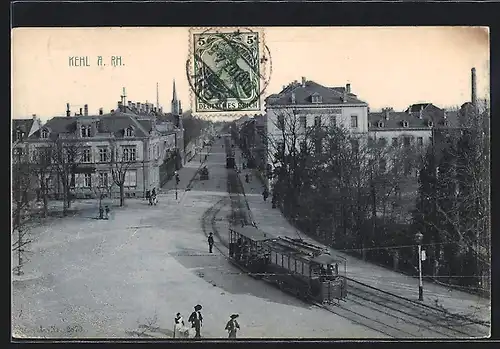 AK Kehl, Strassenbahn, Blick in eine Strasse