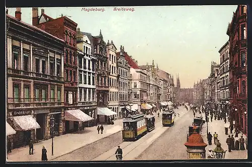 AK Magdeburg, Breiteweg mit Strassenbahn