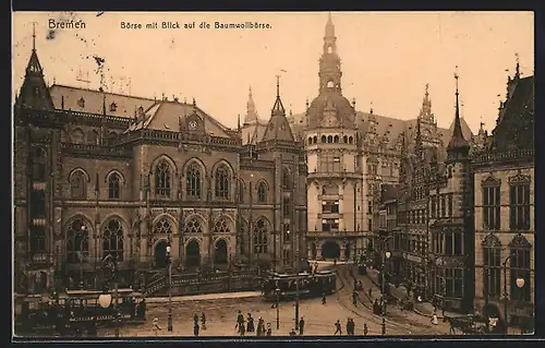 AK Bremen, Börse und Baumwollbörse mit Strassenbahnen
