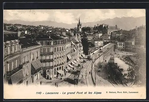 AK Lausanne, Le grand Pont et les Alpes mit Strassenbahn