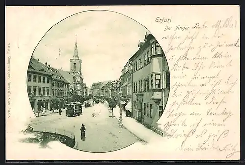 AK Erfurt, Anger mit Strassenbahn, von oben gesehen