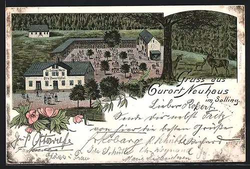 Lithographie Neuhaus im Solling, Hotel Im Sollinger Walde Otto Ziem, Hirsche mit Reh