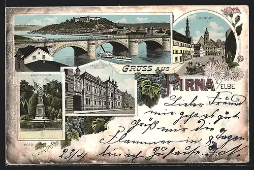 Lithographie Pirna /Elbe, Marktplatz, Kriegerdenkmal, Postamt, Elbbrücke mit Ortsansicht