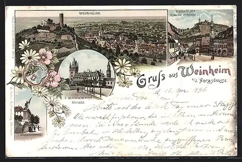 Lithographie Weinheim, Marktplatz und Burg Windeck, Kriegerdenkmal