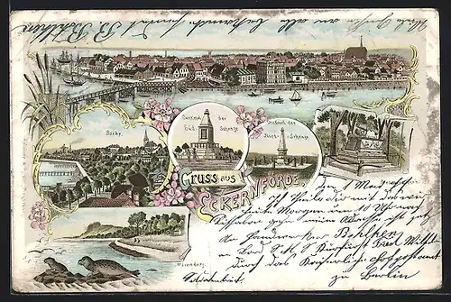 Lithographie Eckernförde, Mövenberg, Denkmal der Süd-Schnaze, Denkmal der Nord-Schanze