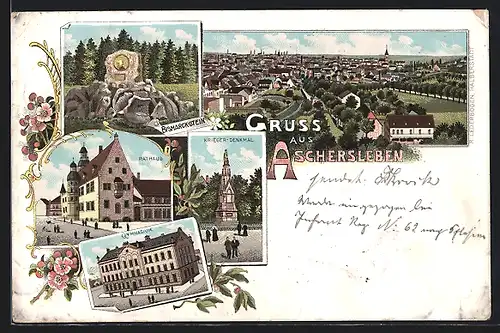 Lithographie Aschersleben, Gamnasium, Bismarckstein, Krieger-Denkmal, Ortsansicht aus der Vogelschau