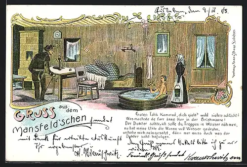 Lithographie Mansfeld, Bergarbeiter in der Badestube, Stadttyp