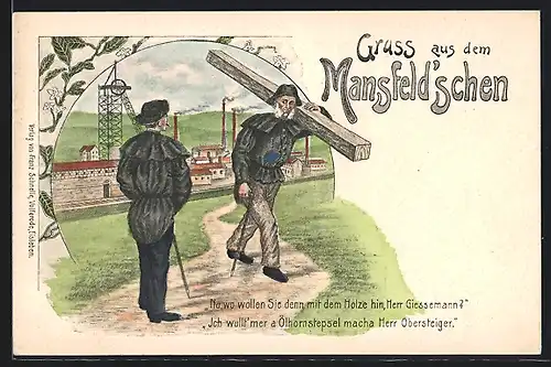 AK Mansfeld, Fabrik, Älterer Mann mit Holzbalken