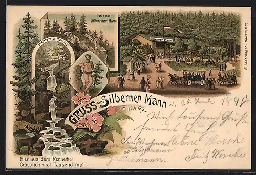 Lithographie Hasserode /Harz, Gasthof Silberner Mann mit Garten, Steinerne Renne