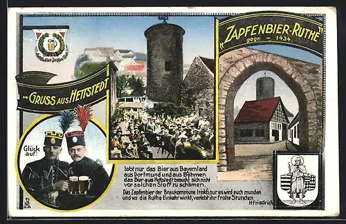 AK Hettstedt, Brauerei Zapfenbier-Ruthe, Gartenansicht, Bergmänner mit Bier, Wappenschild