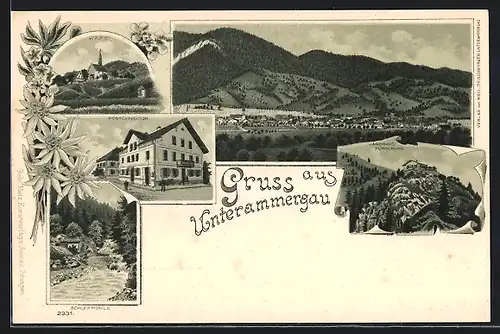 Lithographie Unterammergau, Postexpedition, Kapelle, Schleifmühle, Gesamtansicht