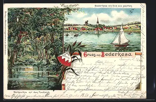 Lithographie Bederkesa, Panorama vom See aus, Waldparthie mit Fischteich