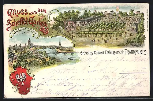 Lithographie Frankfurt-Nordend, Gasthaus Scheffelgarten aus der Vogelschau, Totalansicht