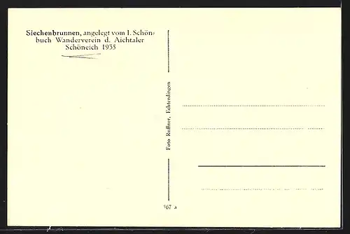 AK Schöneich, Siechenbrunnen 1935, angelegt vom I. Schönbuch Wanderverein der Aichtaler