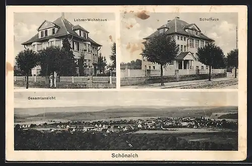 AK Schönaich, Lehrer-Wohnhaus, Schulhaus und Gesamtansicht aus der Vogelschau