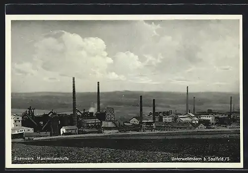 AK Unterwellenborn bei Saalfeld, Eisenwerk Maximilianshütte mit Feldern und Fernblick aus der Vogelschau