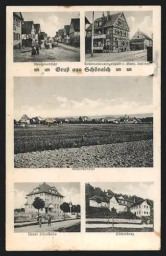 AK Schönaich, Kolonialwaren G. Krämer, Strassenpartie, Panorama des Ortes, Pfefferburg