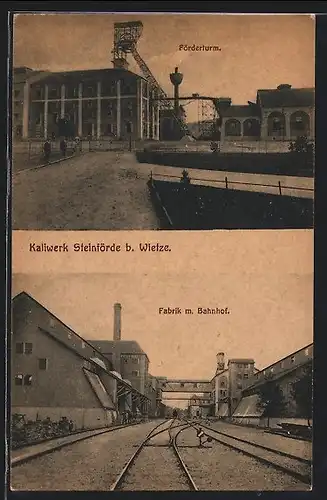AK Steinförde b. Wietze, Fabrik mit Bahnhof, Förderturm, Salzbergwerk